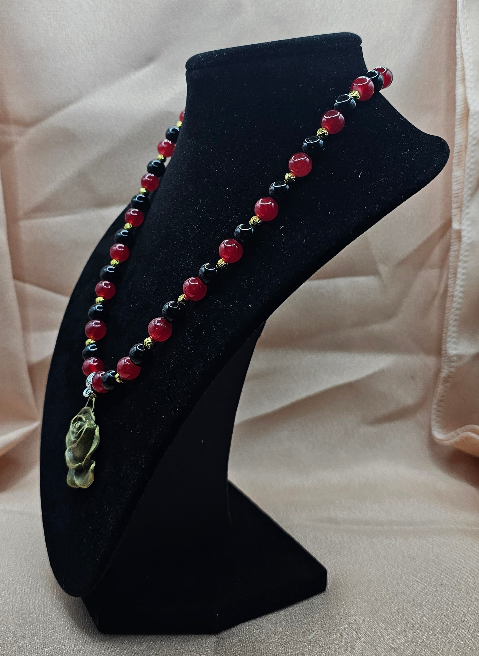 Red & Black Beaded Necklace | Antique Gold Rose Pendant | Handmade Gothic Romance