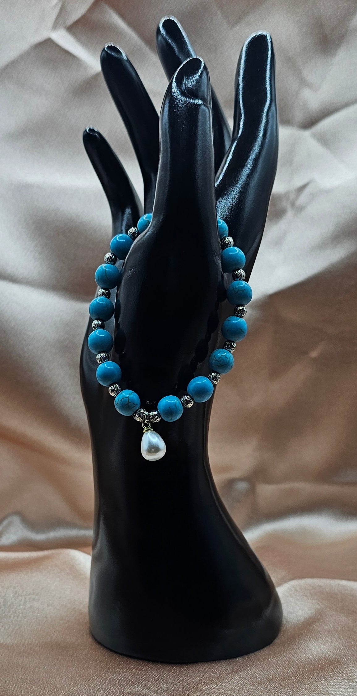 Turquoise Beaded Bracelet | Pearl Charm & Silver Spacers | Handmade Coastal Boho Jewellery Australia