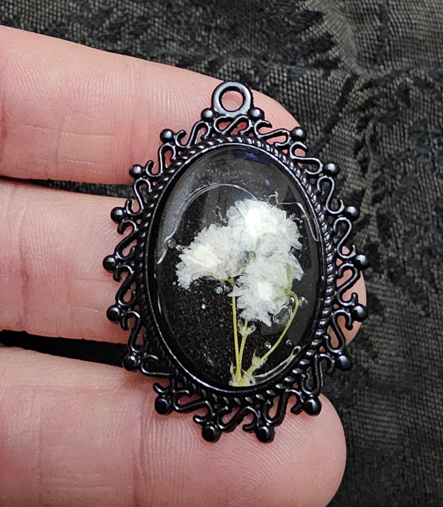 Black Gothic Oval Resin Pendant | Real Baby's Breath Flowers | Handmade Dark Romantic Jewellery