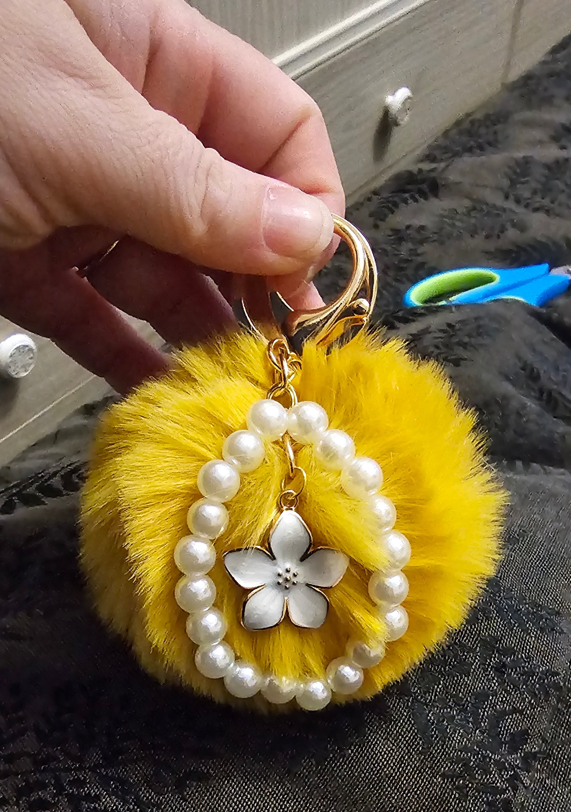 Yellow Pom Pom Pearl Keychain | White Flower Charm & Pearl Beads | Handmade Cottagecore Accessory