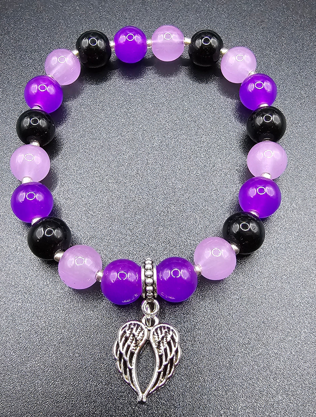 Purple & Black Beaded Bracelet | Silver Angel Wing Charm | Handmade Dark Coquette Angelcore Jewellery Australia