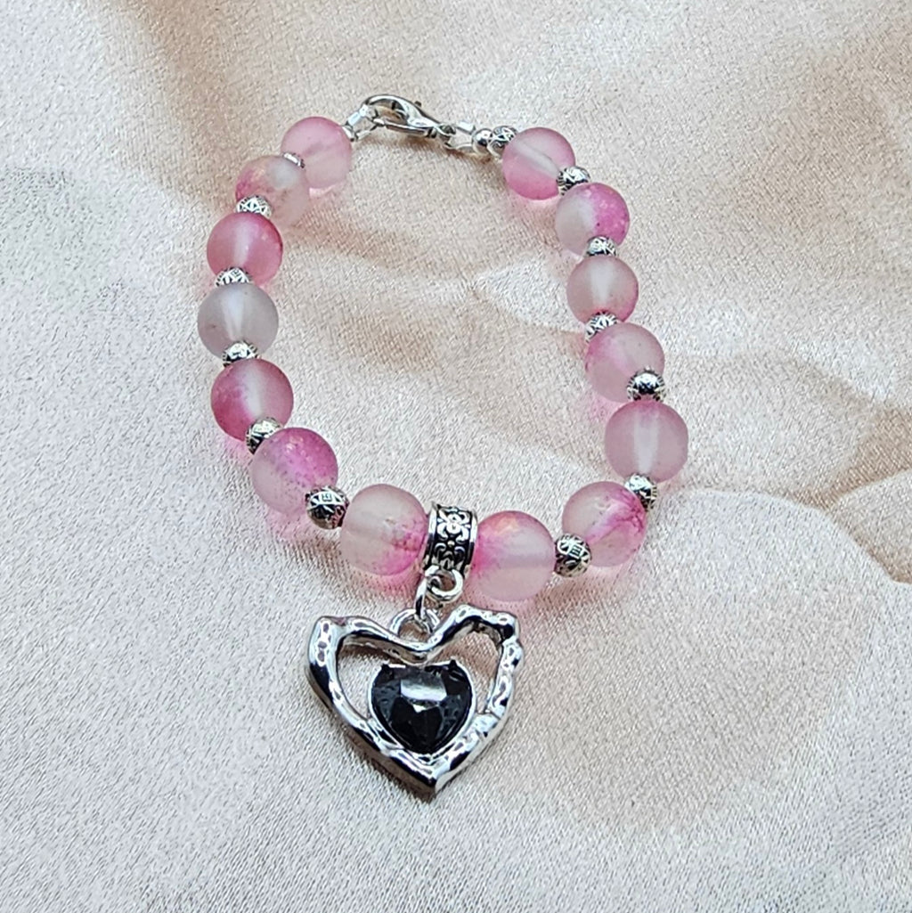 Frosted Pink Beaded Bracelet | Black & Silver Heart Charm | Handmade Soft Goth Jewellery Australia