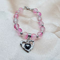 Frosted Pink Beaded Bracelet | Black & Silver Heart Charm | Handmade Soft Goth Jewellery Australia