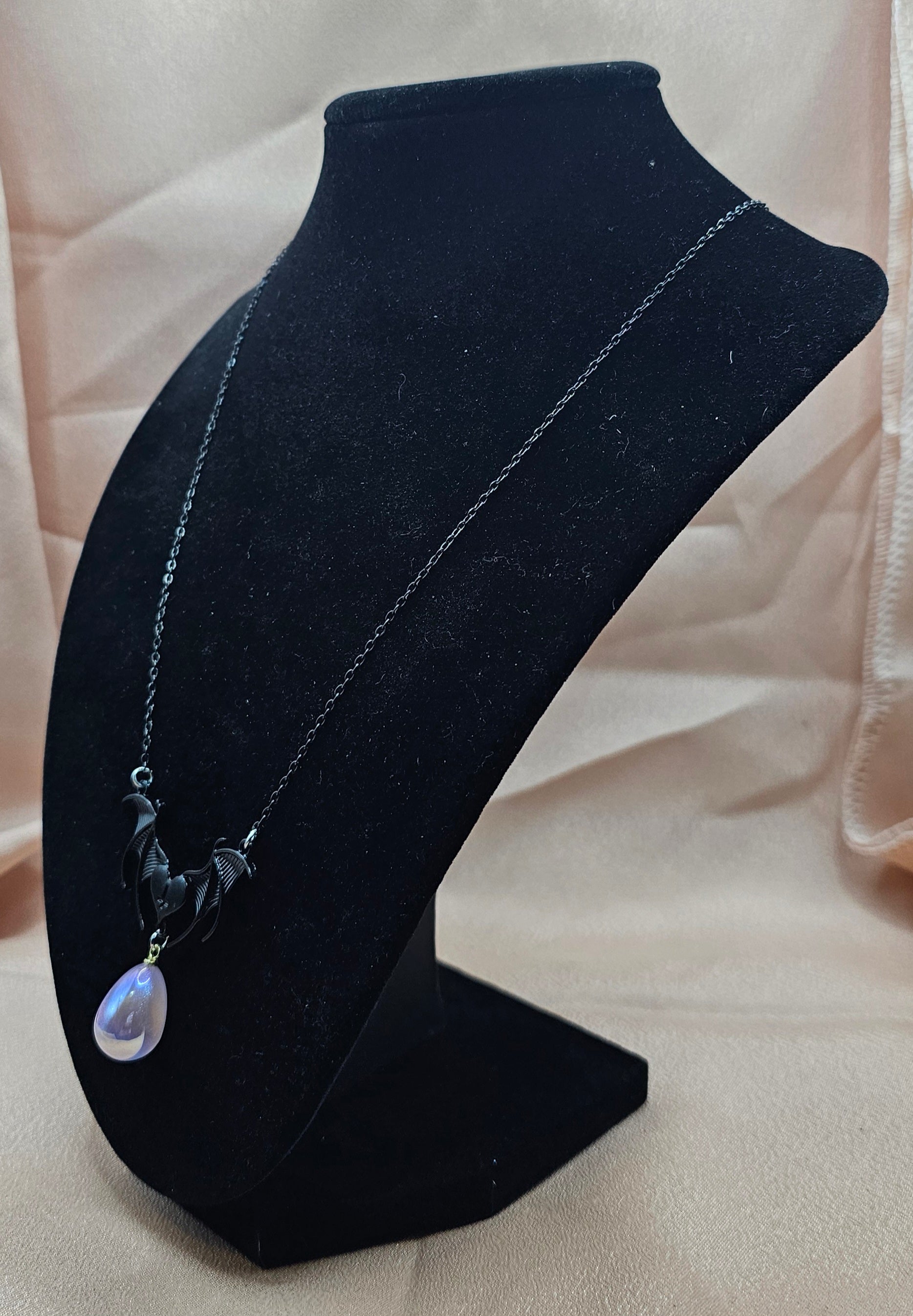 Gothic Bat Wing Heart Necklace | Lavender Teardrop Pendant | Soft Goth Handmade