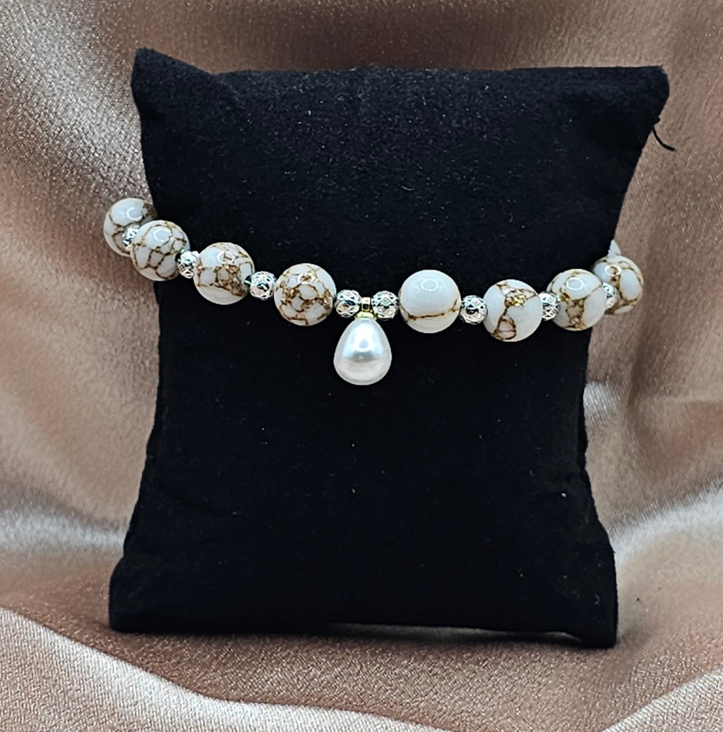 White Crackle Vein Bead Bracelet | Pearl Drop & Silver Filigree | Handmade Elegant Jewellery Australia