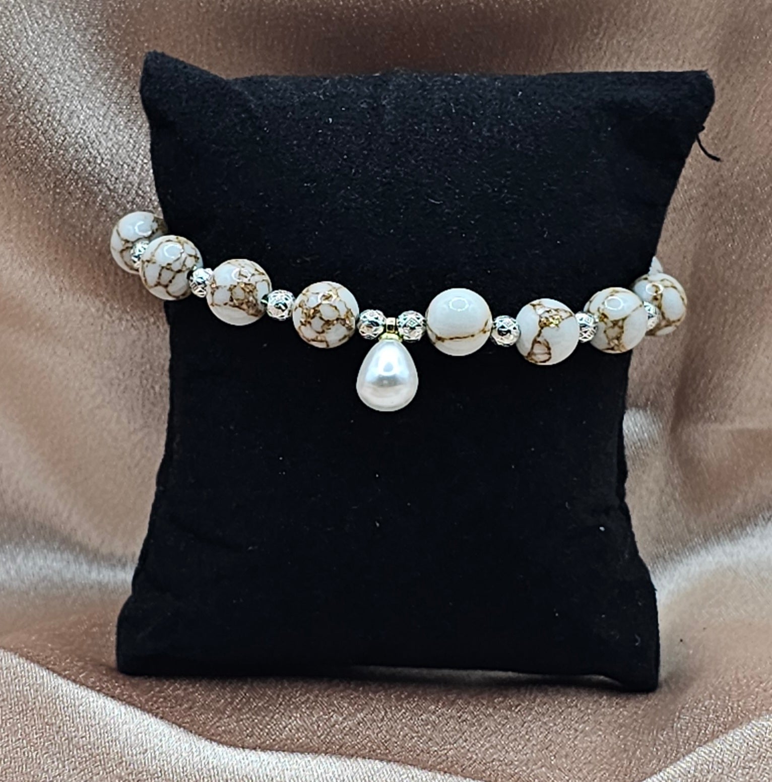 White Crackle Vein Bead Bracelet | Pearl Drop & Silver Filigree | Handmade Elegant Jewellery Australia