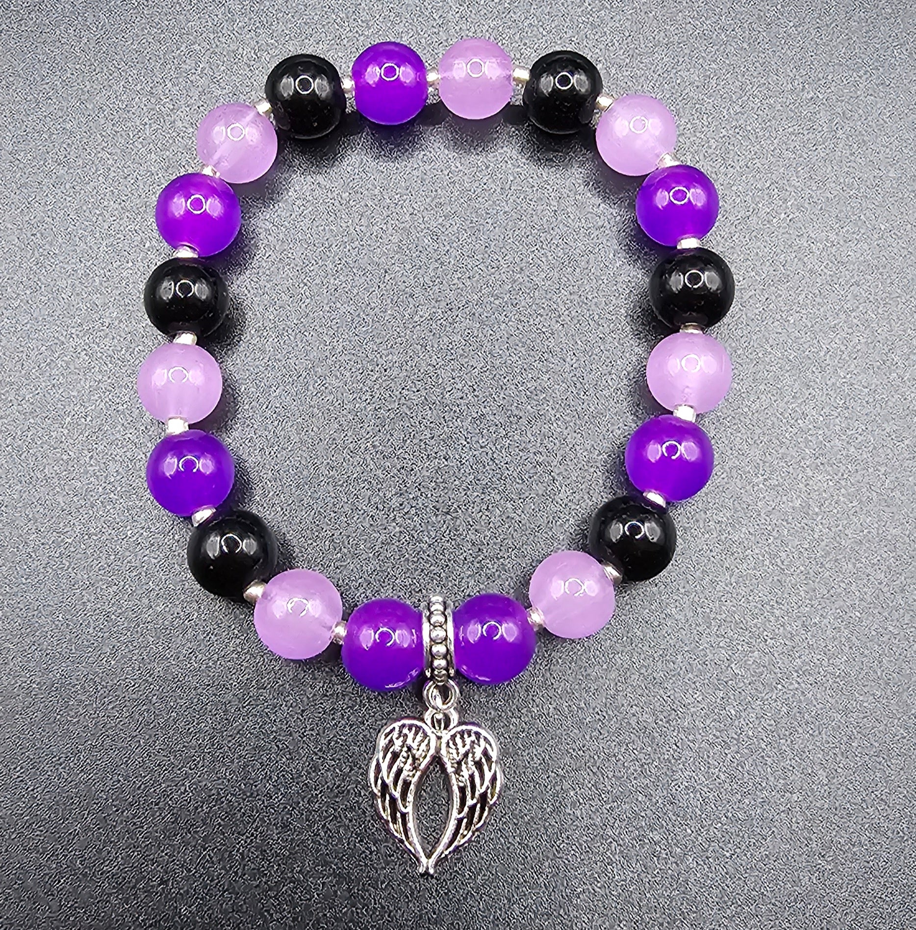 Purple & Black Beaded Bracelet | Silver Angel Wing Charm | Handmade Dark Coquette Angelcore Jewellery Australia