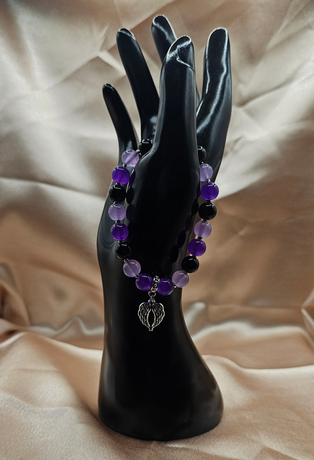 Purple & Black Beaded Bracelet | Silver Angel Wing Charm | Handmade Dark Coquette Angelcore Jewellery Australia