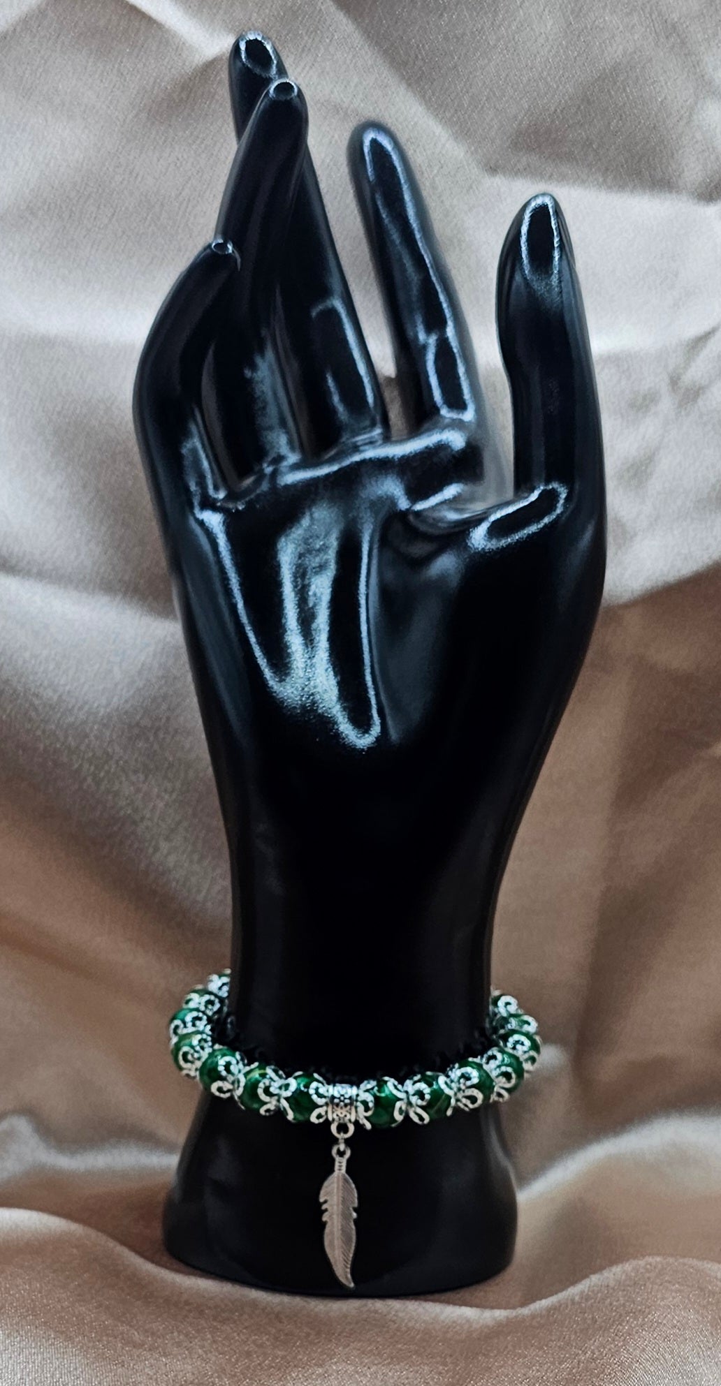 Green Marbled Beaded Bracelet | Silver Feather Charm & Filigree | Handmade Green Witch Jewellery Australia