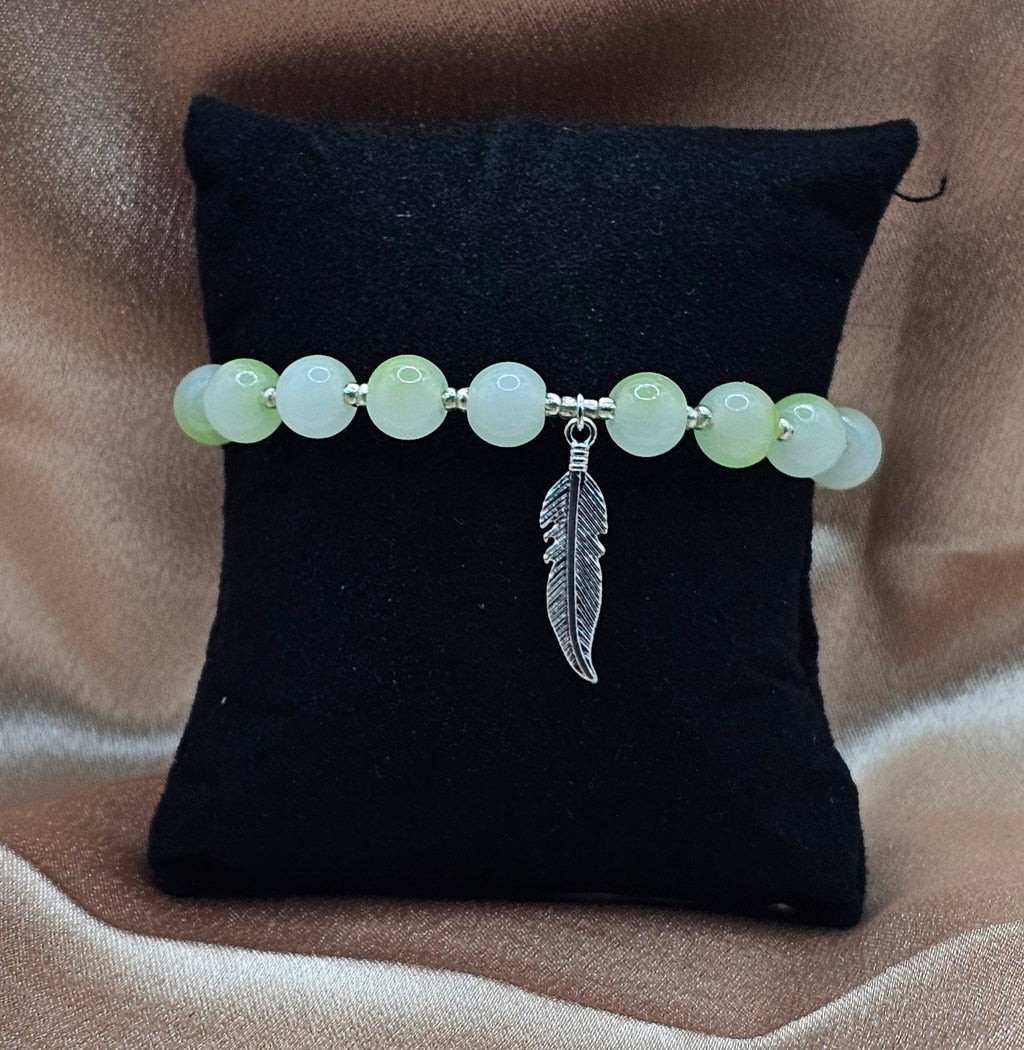 Green Marbled Beaded Bracelet | Silver Feather Charm | Handmade Cottagecore Boho Jewellery Australia