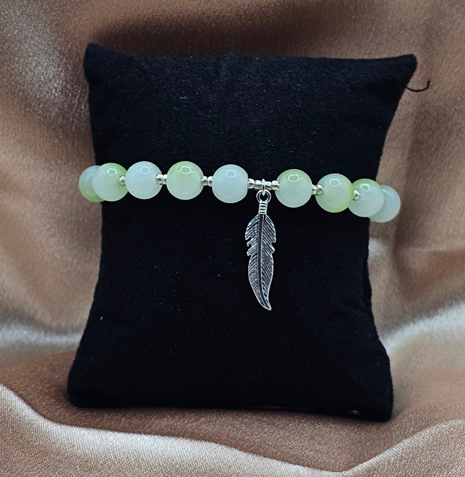 Green Marbled Beaded Bracelet | Silver Feather Charm | Handmade Cottagecore Boho Jewellery Australia