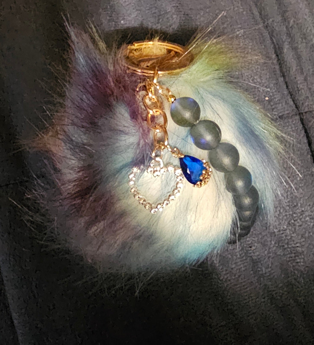 Aurora Rainbow Pom Pom Keychain | Grey Moonstone Beads, Rhinestone Heart & Sapphire Teardrop | Handmade Fairycore