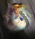 Aurora Rainbow Pom Pom Keychain | Grey Moonstone Beads, Rhinestone Heart & Sapphire Teardrop | Handmade Fairycore
