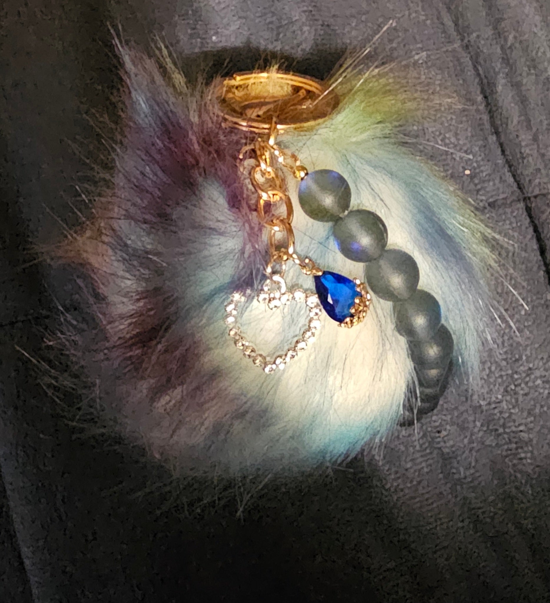 Aurora Rainbow Pom Pom Keychain | Grey Moonstone Beads, Rhinestone Heart & Sapphire Teardrop | Handmade Fairycore