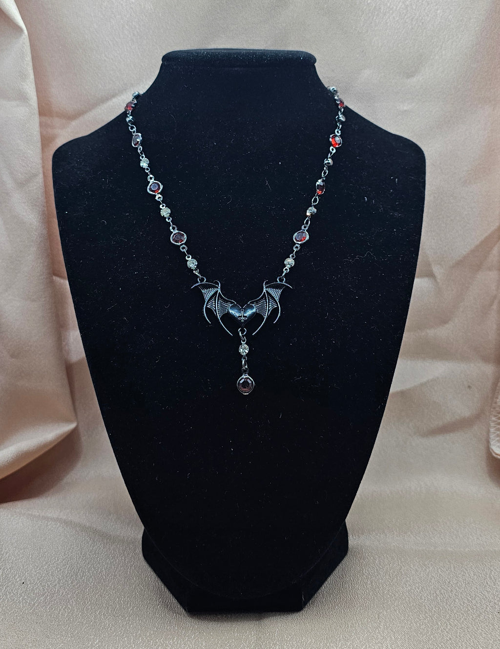 Bat Heart Gothic Necklace | Black Bat Wing Pendant & Red Garnet Drop | Handmade