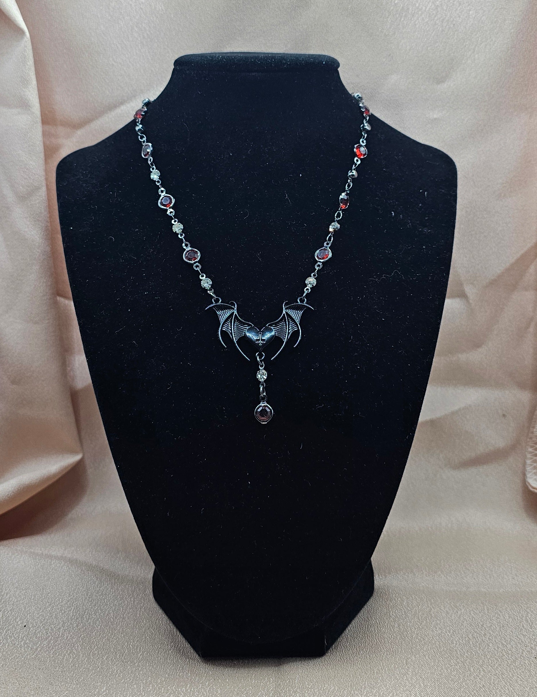 Bat Heart Gothic Necklace | Black Bat Wing Pendant & Red Garnet Drop | Handmade