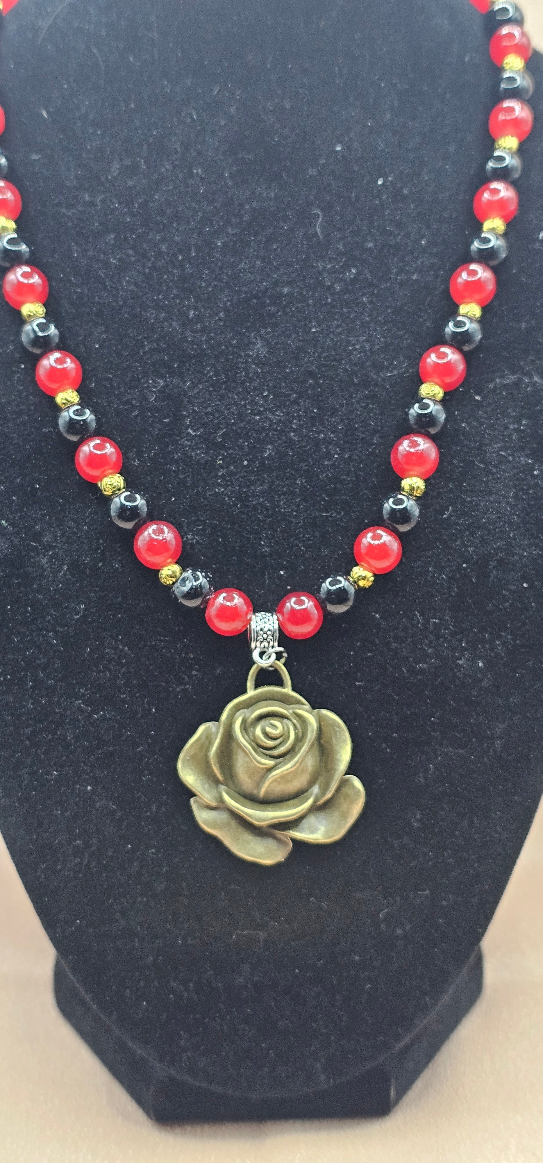Red & Black Beaded Necklace | Antique Gold Rose Pendant | Handmade Gothic Romance