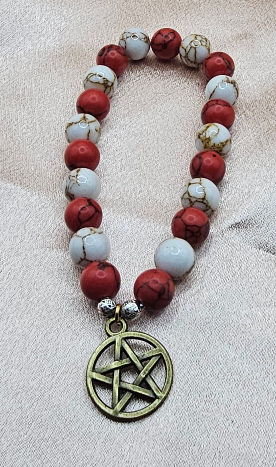 Red & White Crackle Bead Bracelet | Bronze Pentagram Charm | Handmade Witchy Jewellery Australia