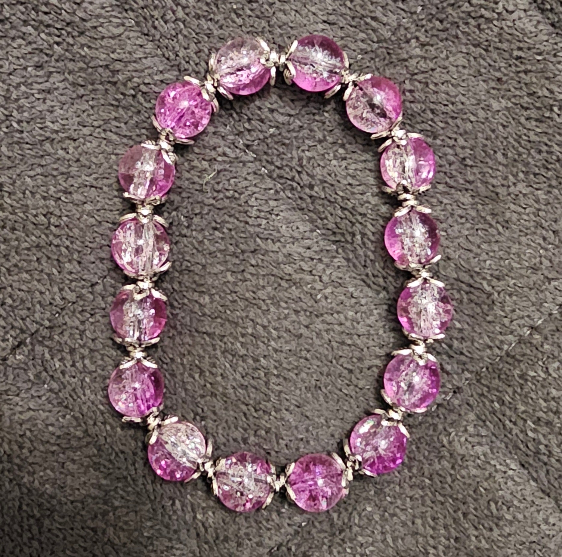Pink Crackle Glass Beaded Bracelet | Silver Floral Caps | Handmade Fairycore Jewellery Australia