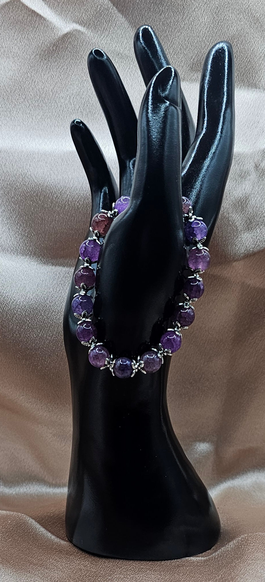 Purple Plum Crackle Agate Bracelet | Silver Floral Caps | Handmade Witchy Cottagecore Jewellery Australia