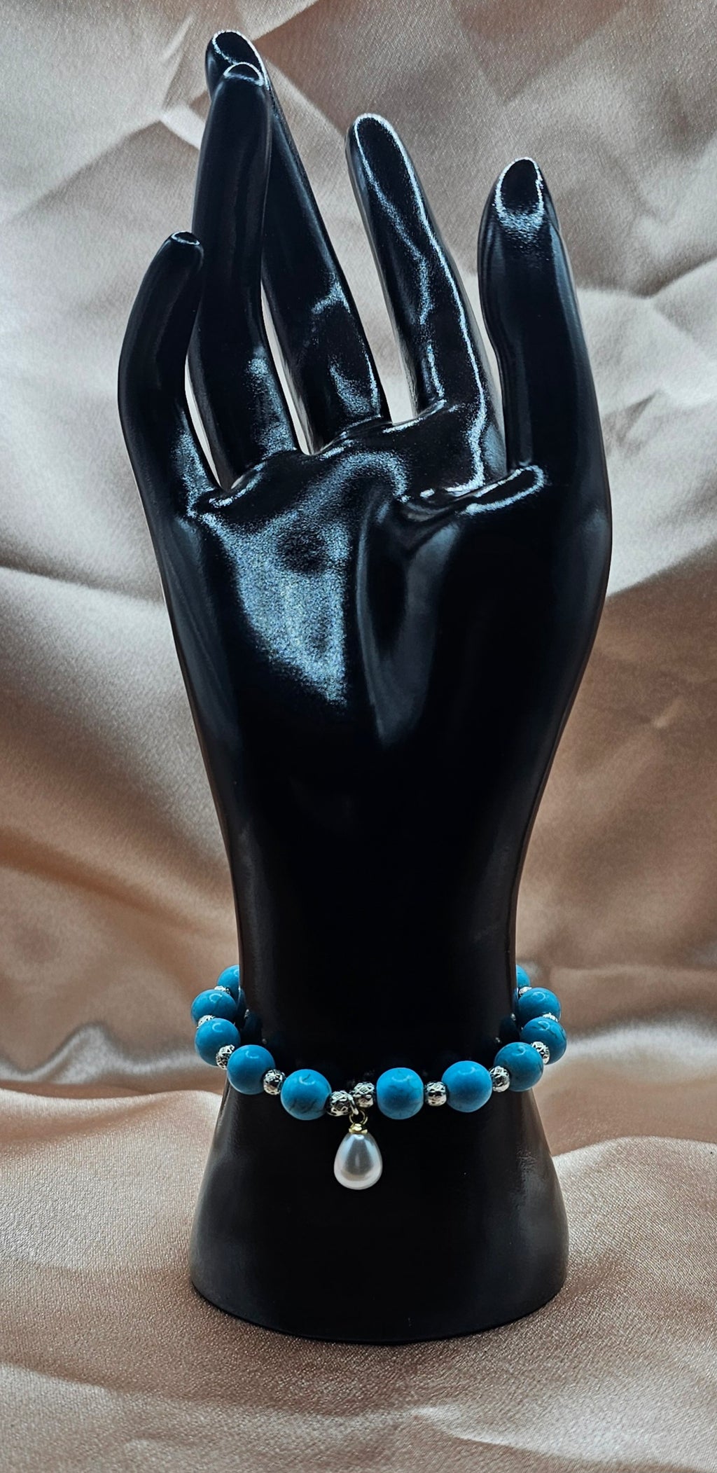 Turquoise Beaded Bracelet | Pearl Charm & Silver Spacers | Handmade Coastal Boho Jewellery Australia