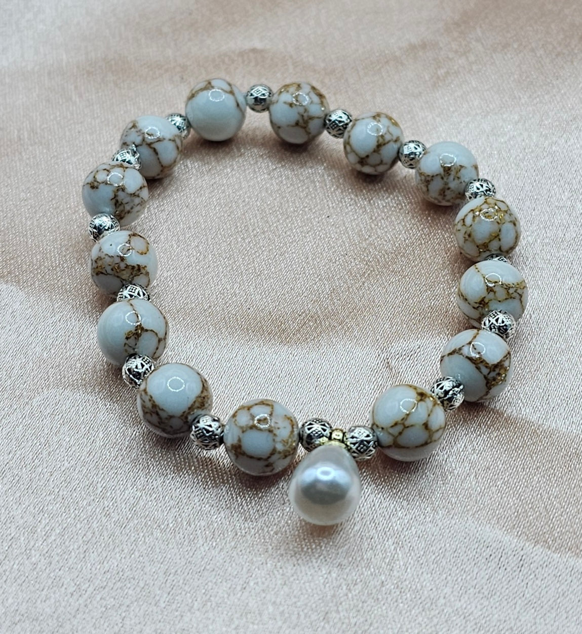 White Crackle Vein Bead Bracelet | Pearl Drop & Silver Filigree | Handmade Elegant Jewellery Australia