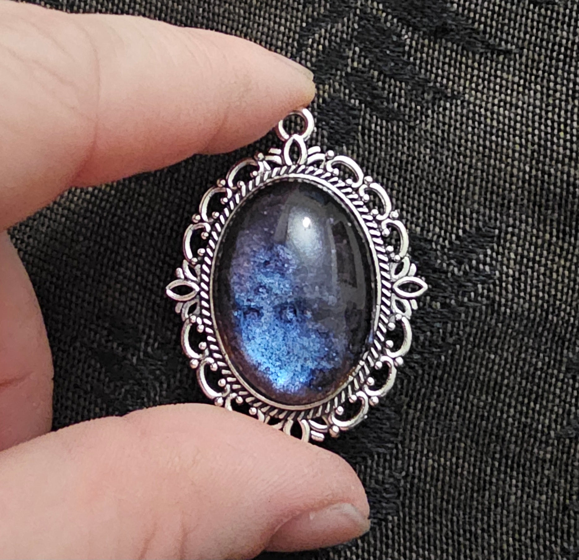 Silver Filigree Oval Resin Pendant | Midnight Blue Purple Galaxy Shimmer | Handmade Gothic Witchy Jewellery