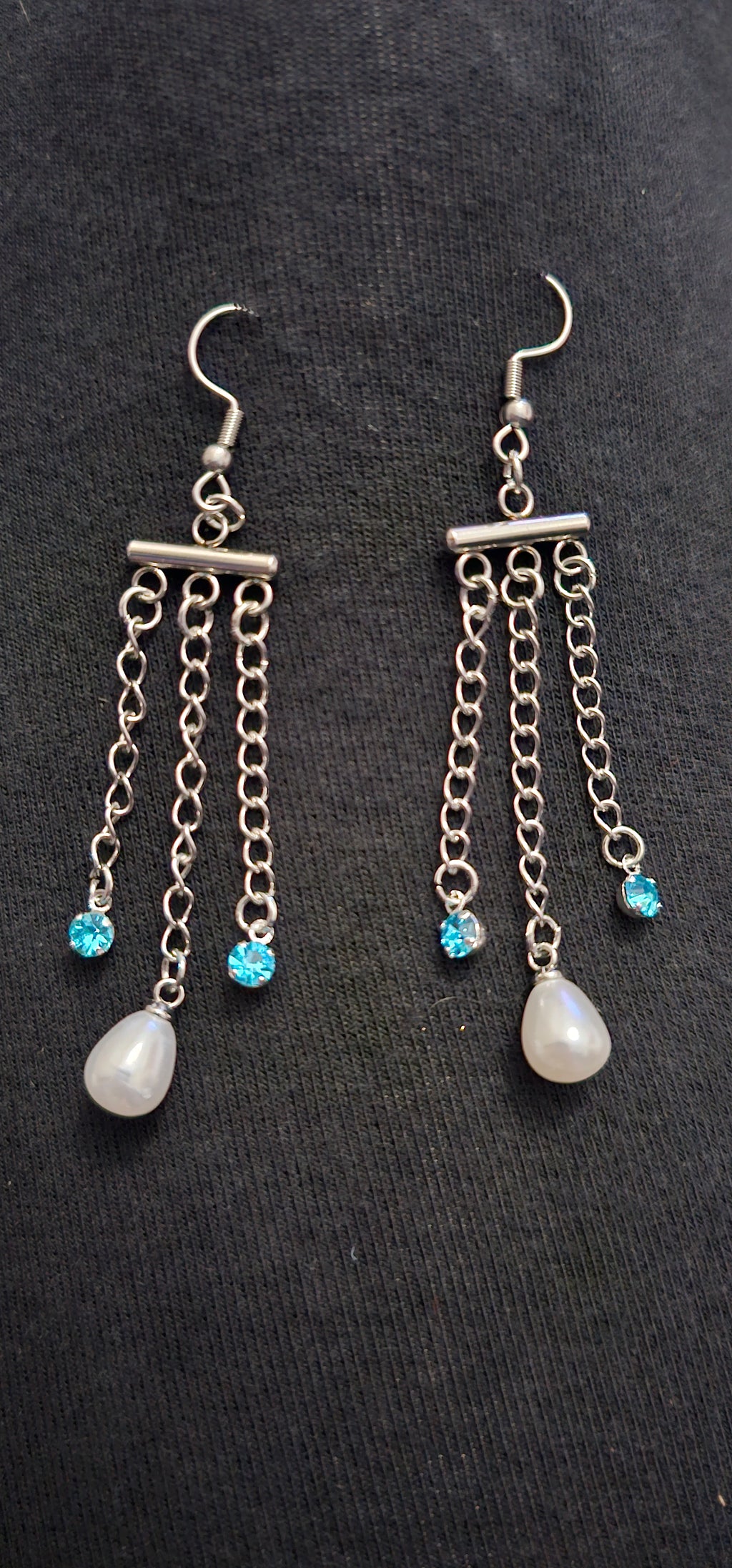 Handmade pearl and blue crystal dangle earrings with silver tassel drop, elegant jewellery Australia
