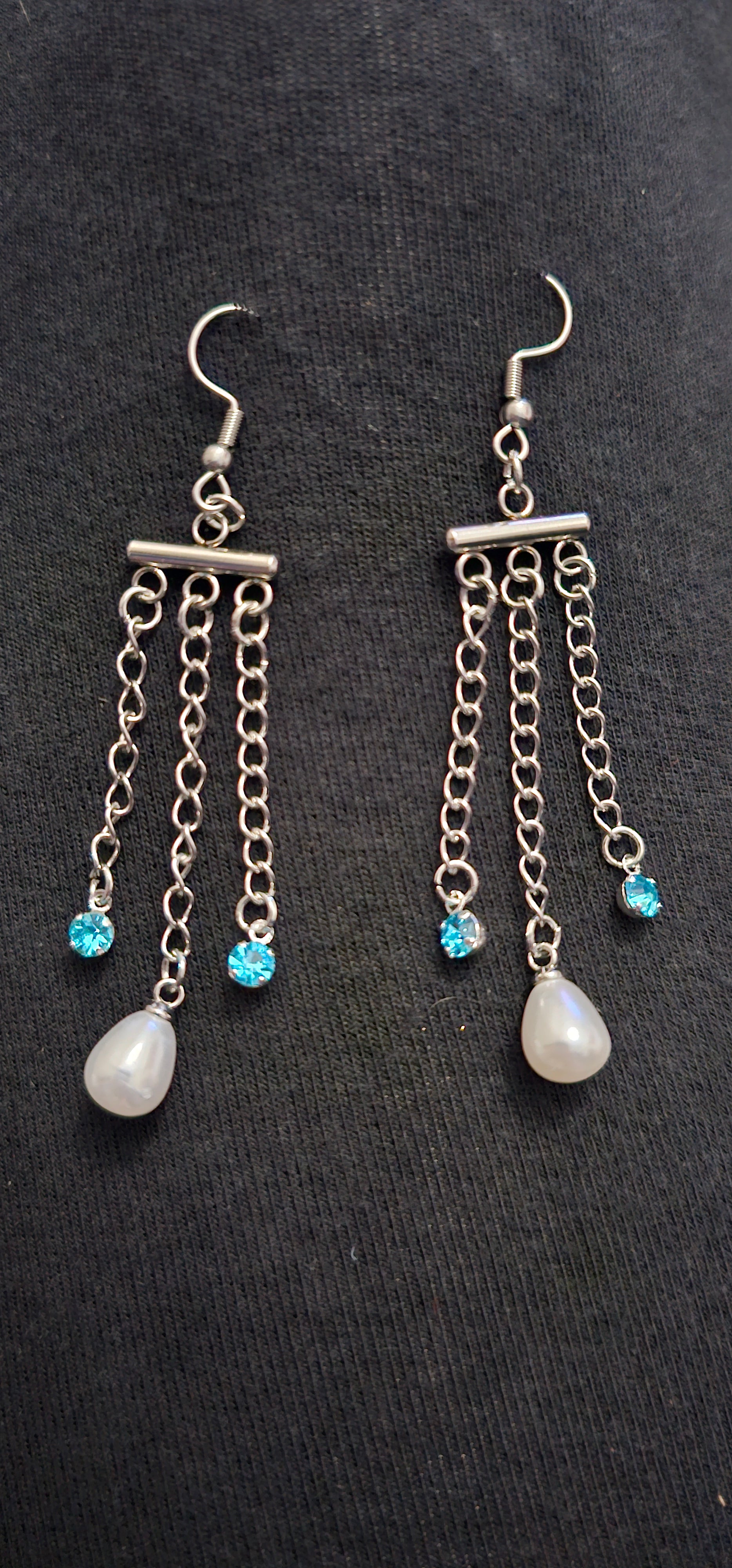 Handmade pearl and blue crystal dangle earrings with silver tassel drop, elegant jewellery Australia
