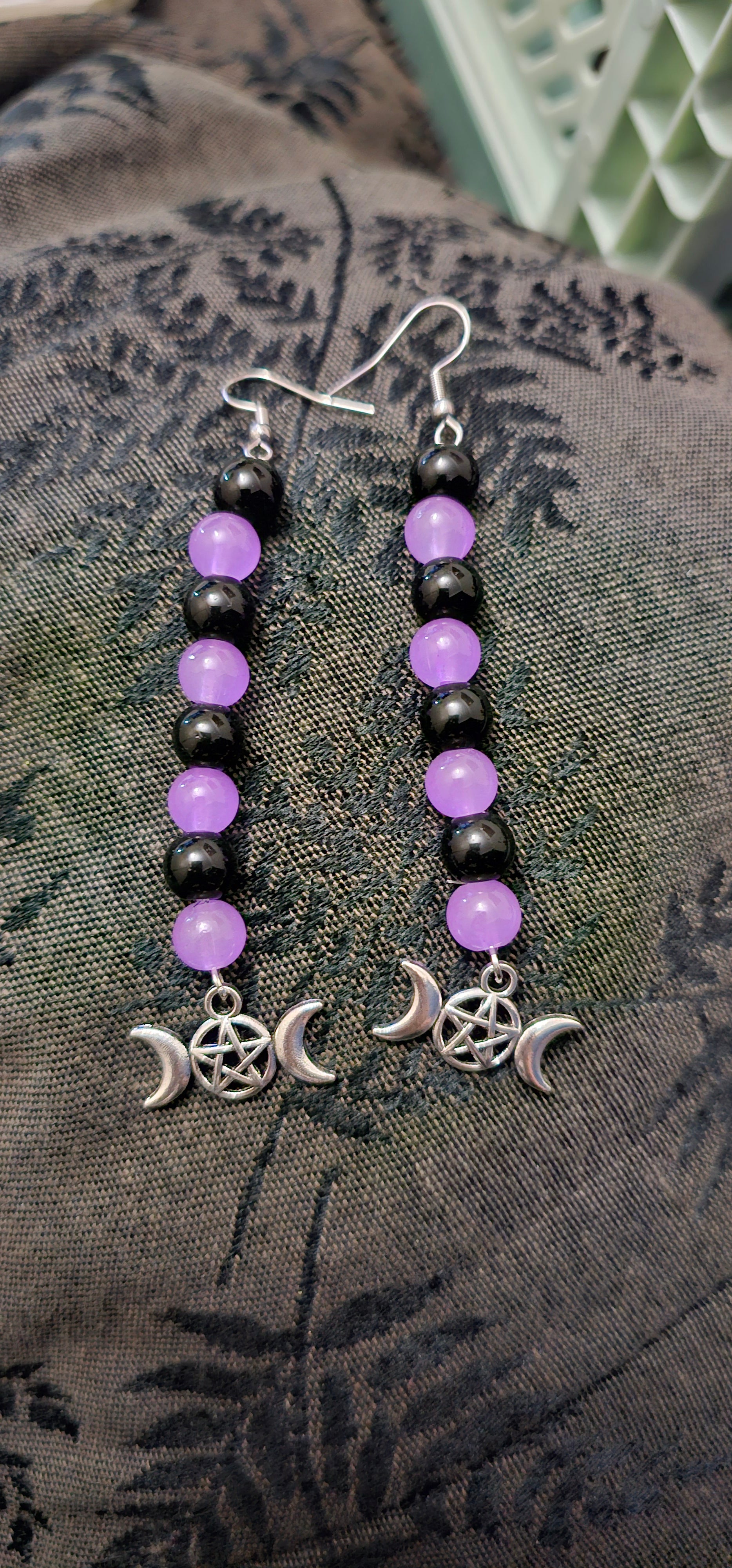 Handmade purple and black witchy earrings with pentagram moon dangle, gothic jewellery Australia