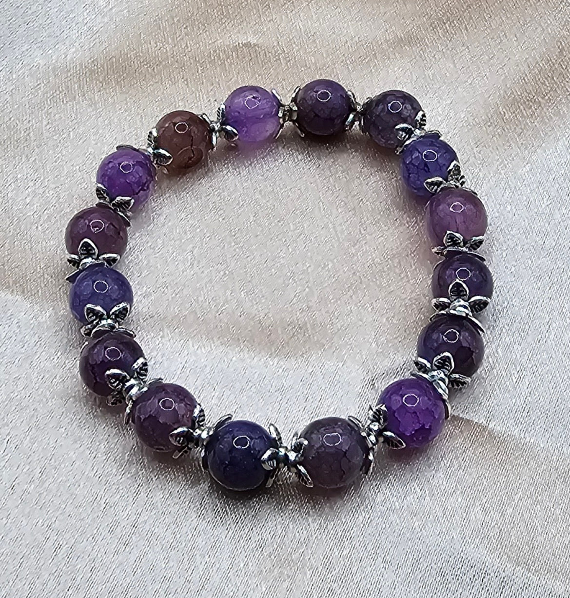 Purple Plum Crackle Agate Bracelet | Silver Floral Caps | Handmade Witchy Cottagecore Jewellery Australia