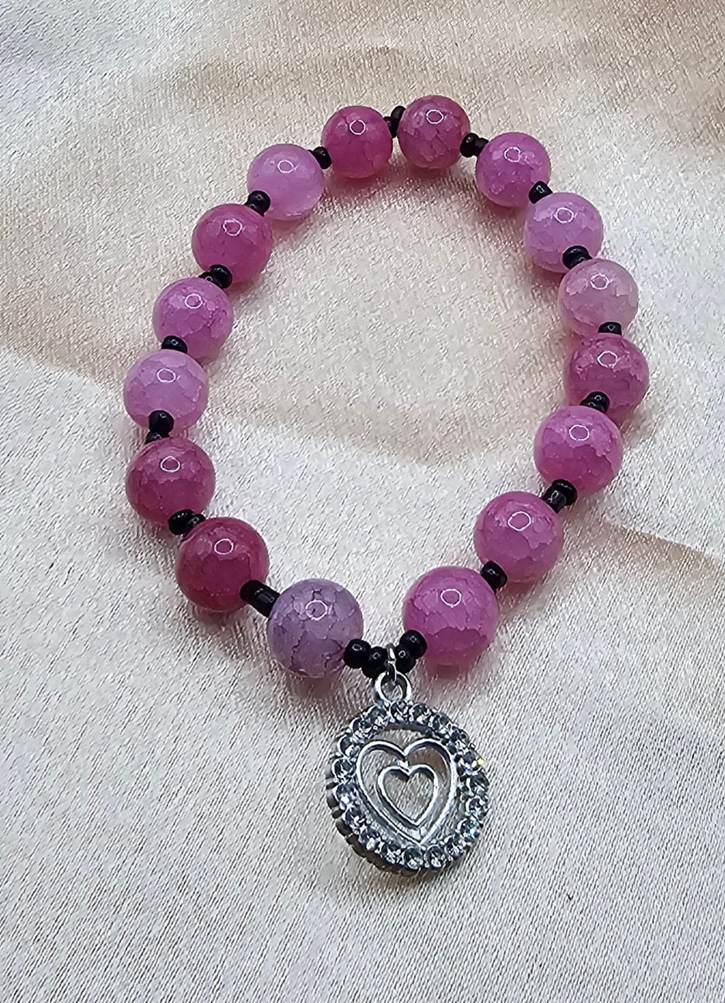 Pink Beaded Bracelet | Rhinestone Heart Charm & Black Accents | Handmade Coquette Jewellery Australia
