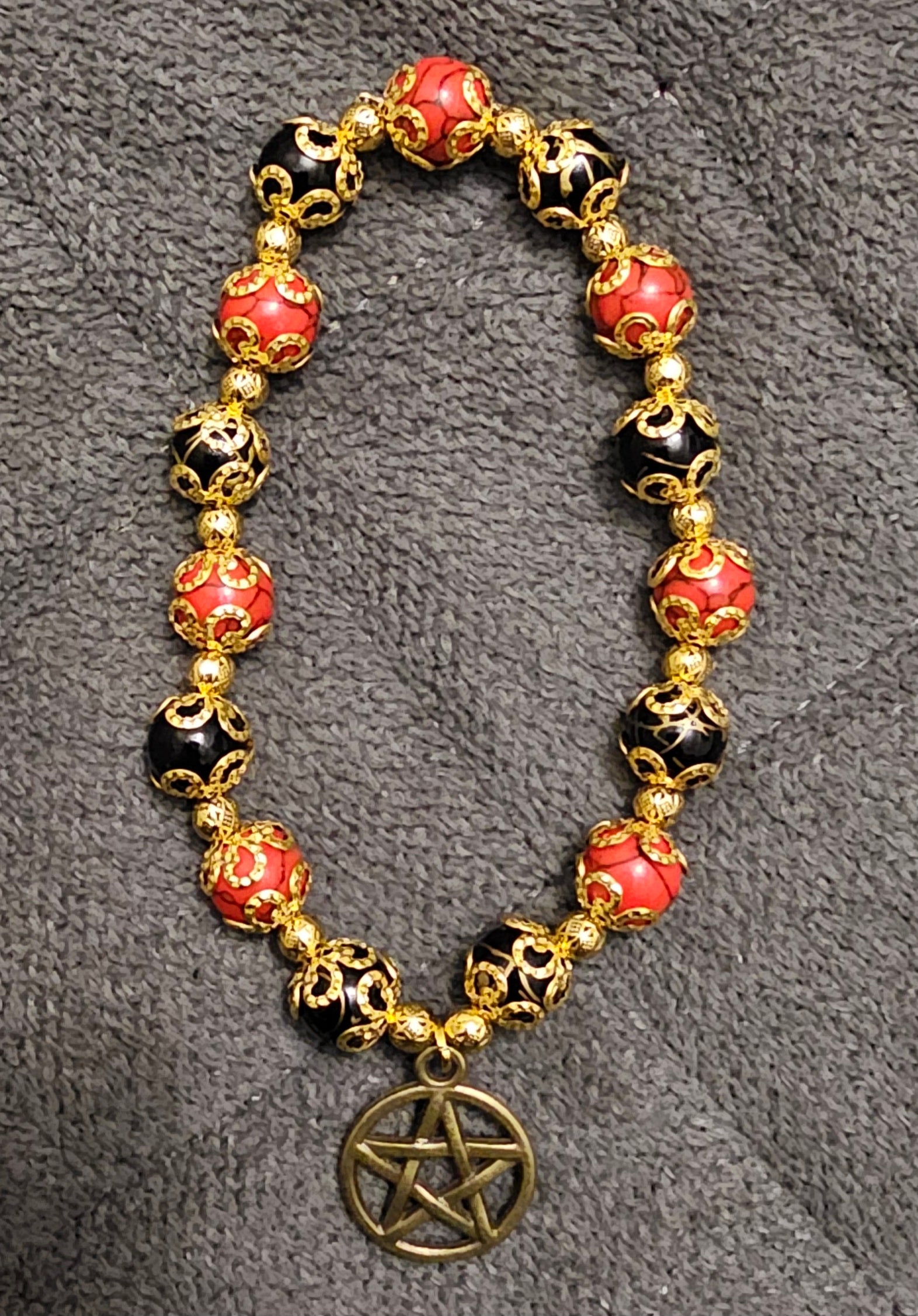 Red & Black Beaded Bracelet | Bronze Pentagram Charm | Handmade Witchy Gothic Jewellery Australia