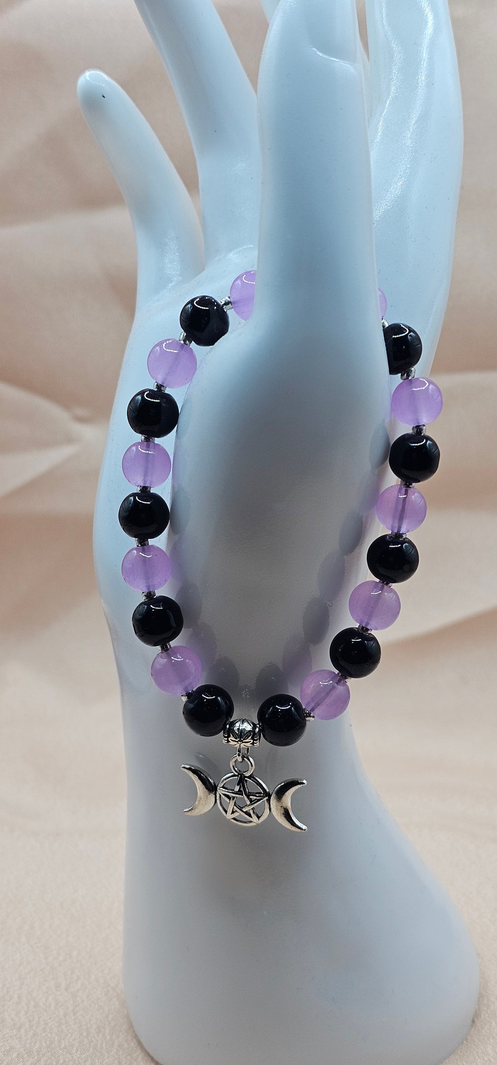 Purple & Black Beaded Bracelet | Triple Moon Pentagram Charm | Handmade Witchy Lunar Jewellery Australia