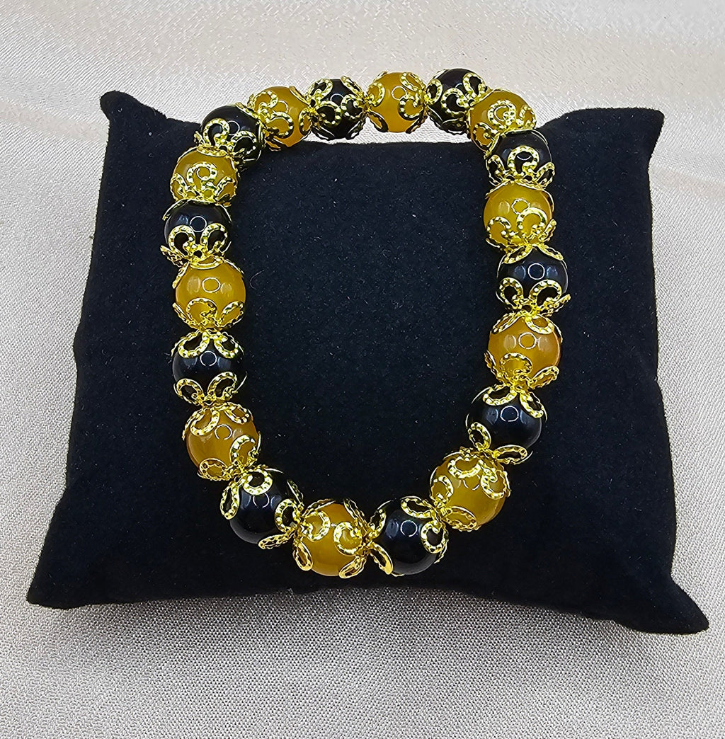 Black & Amber Gold Filigree Bracelet | Gothic Beaded Stretch Bracelet | Handmade Dark Jewellery Australia