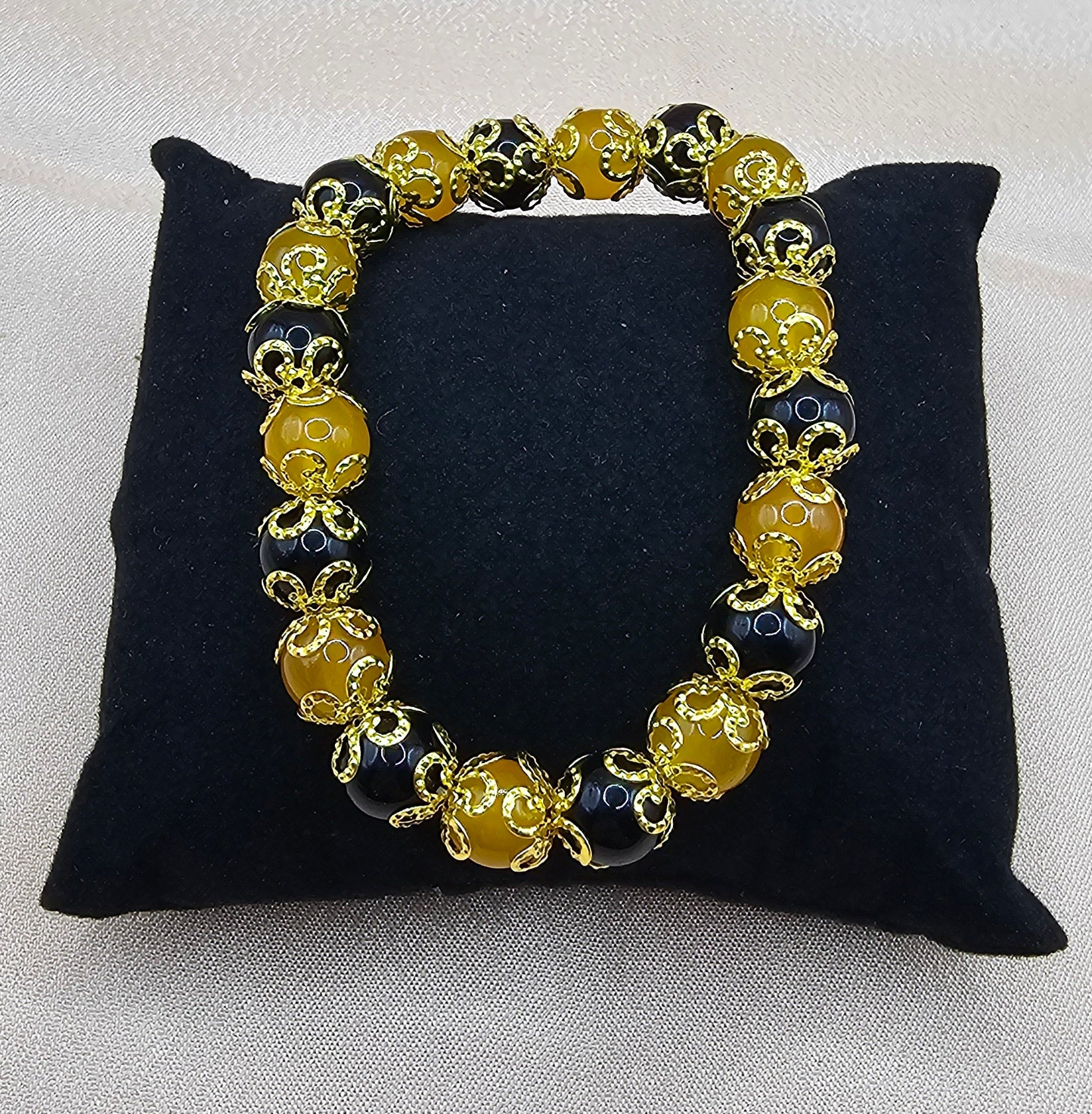 Black & Amber Gold Filigree Bracelet | Gothic Beaded Stretch Bracelet | Handmade Dark Jewellery Australia