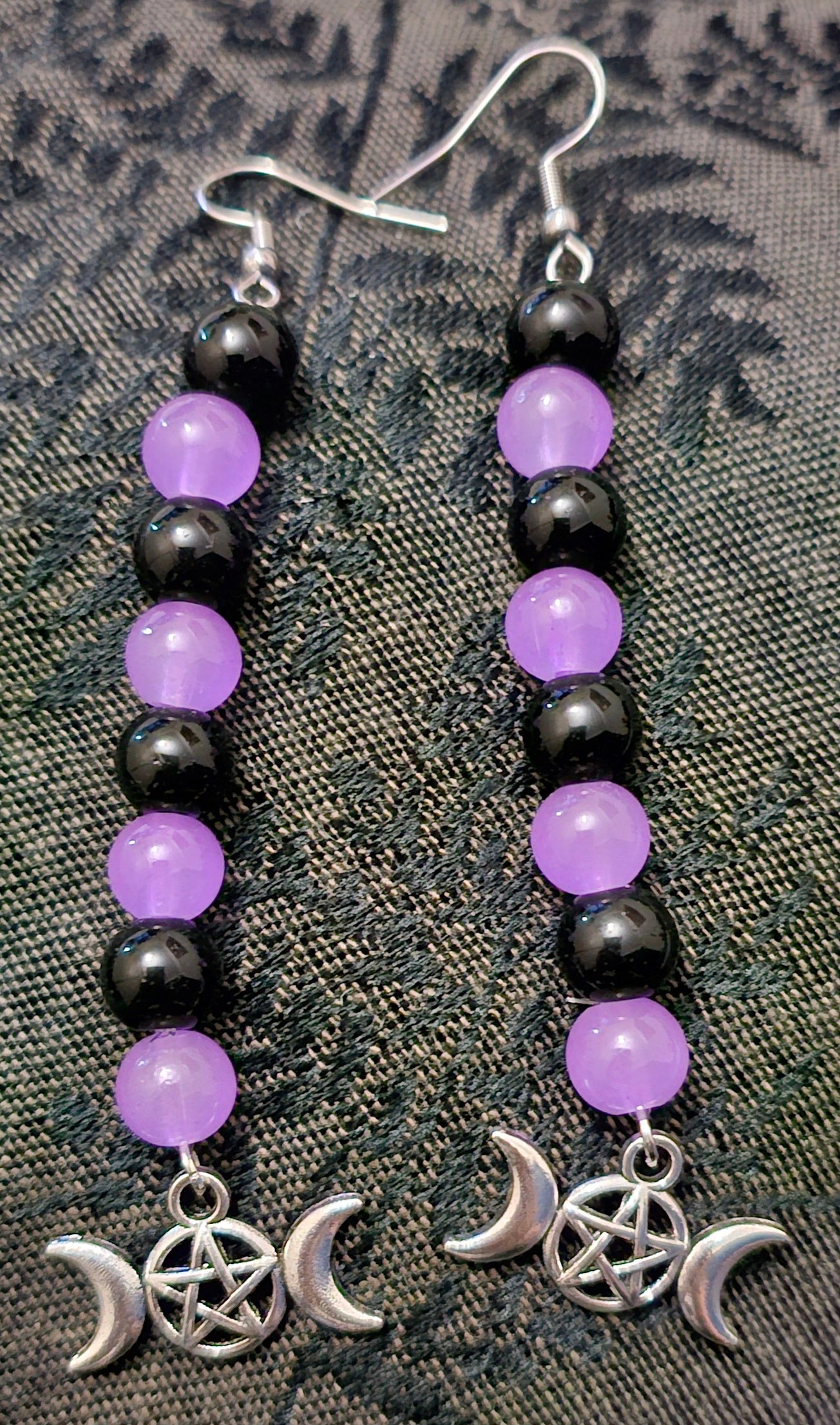 Handmade purple and black witchy earrings with pentagram moon dangle, gothic jewellery Australia