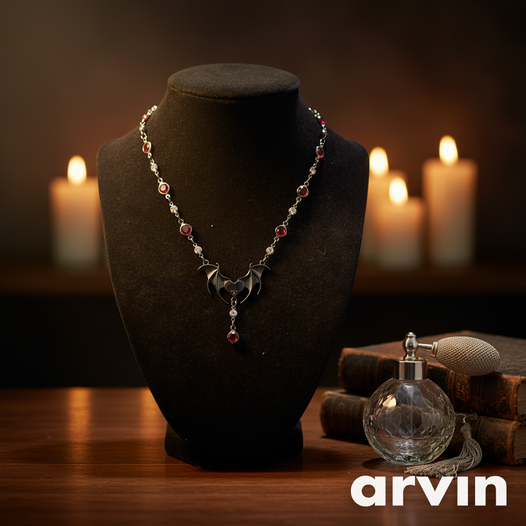 Bat Heart Gothic Necklace | Black Bat Wing Pendant & Red Garnet Drop | Handmade