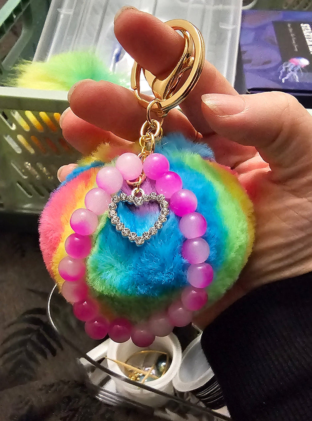 Rainbow Pom Pom Keychain | Pink Beads & Crystal Rhinestone Heart | Handmade Coquette Fairycore