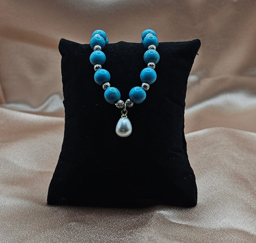 Turquoise Beaded Bracelet | Pearl Charm & Silver Spacers | Handmade Coastal Boho Jewellery Australia