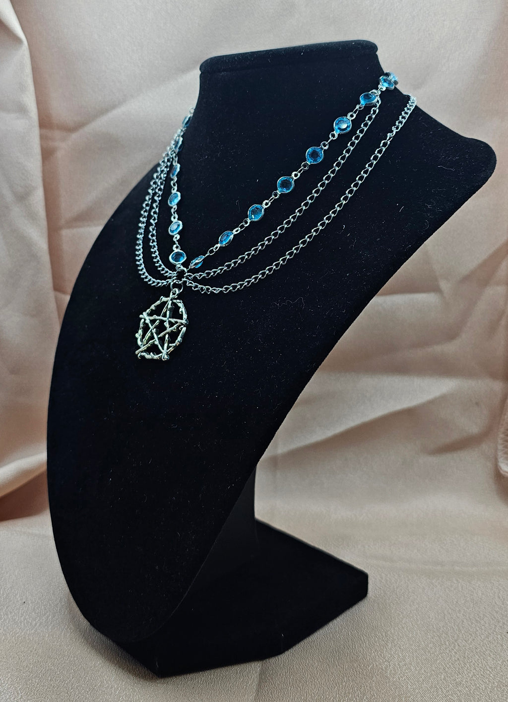 Blue Pentagram Necklace | Layered Silver Chains & Blue Crystals | Handmade Witchy Jewellery