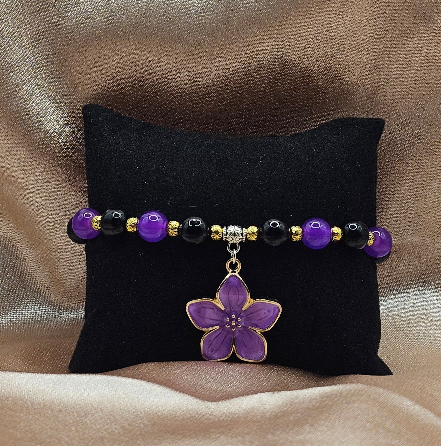 Purple Flower Charm Bracelet | Deep Purple & Black Beads with Gold Accents | Handmade Witchy Jewellery Australia