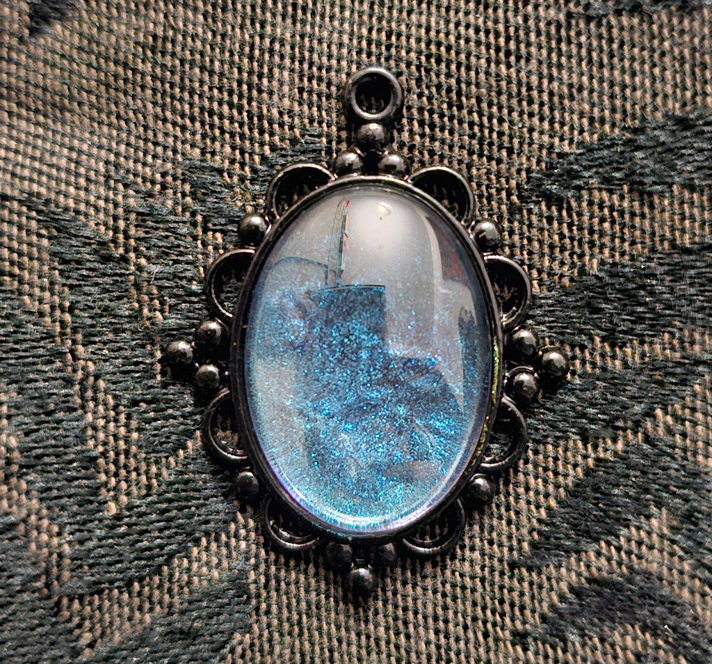 Black Victorian Oval Resin Pendant | Electric Blue Glitter | Handmade Gothic Witchy Jewellery