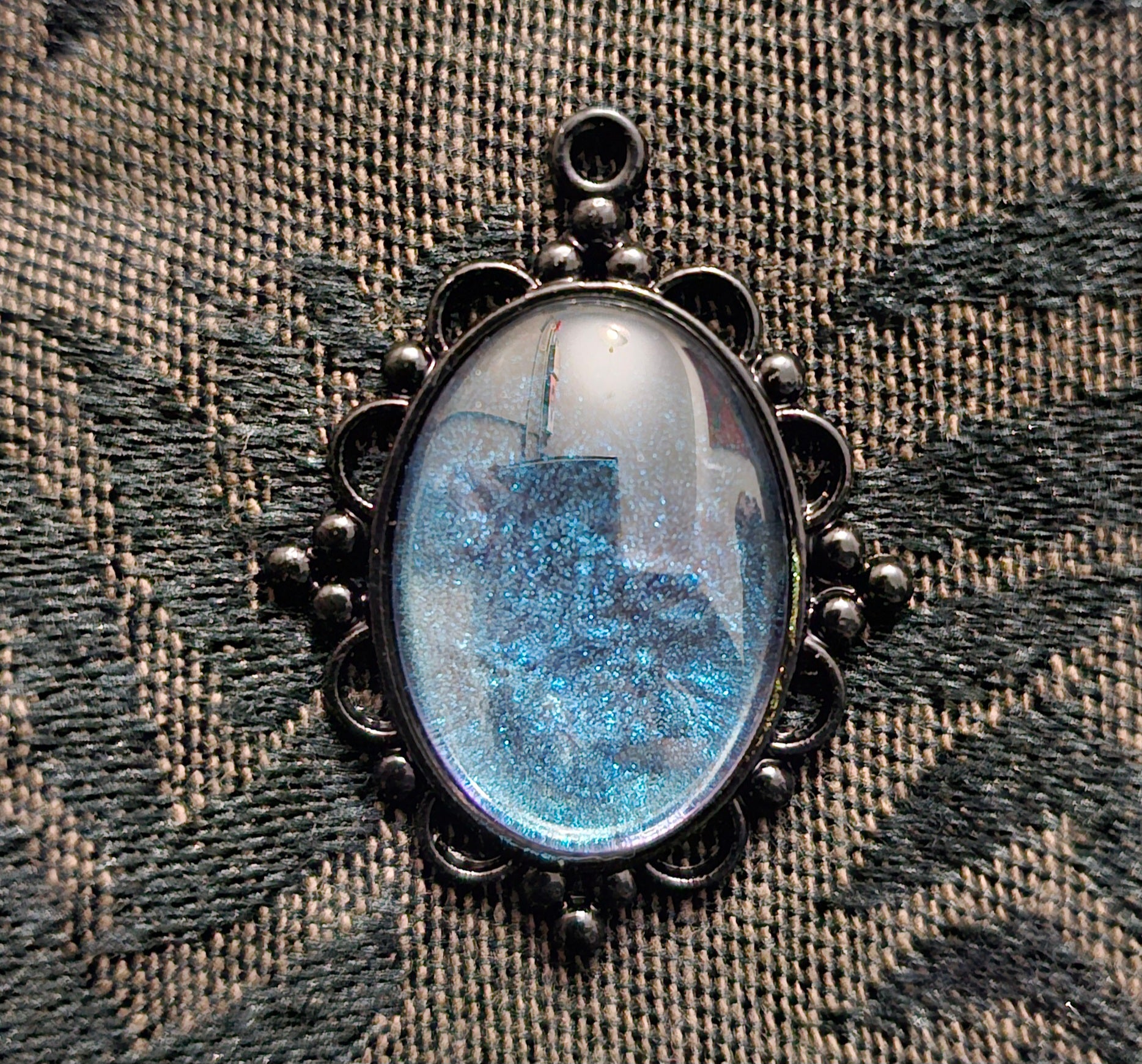 Black Victorian Oval Resin Pendant | Electric Blue Glitter | Handmade Gothic Witchy Jewellery