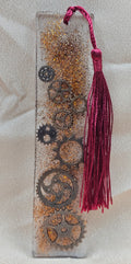 Steampunk Gear Resin Bookmark | Vintage Metal Cogs & Gold Glitter in Clear Resin | Burgundy Tassel | Gothic Industrial Gift Australia