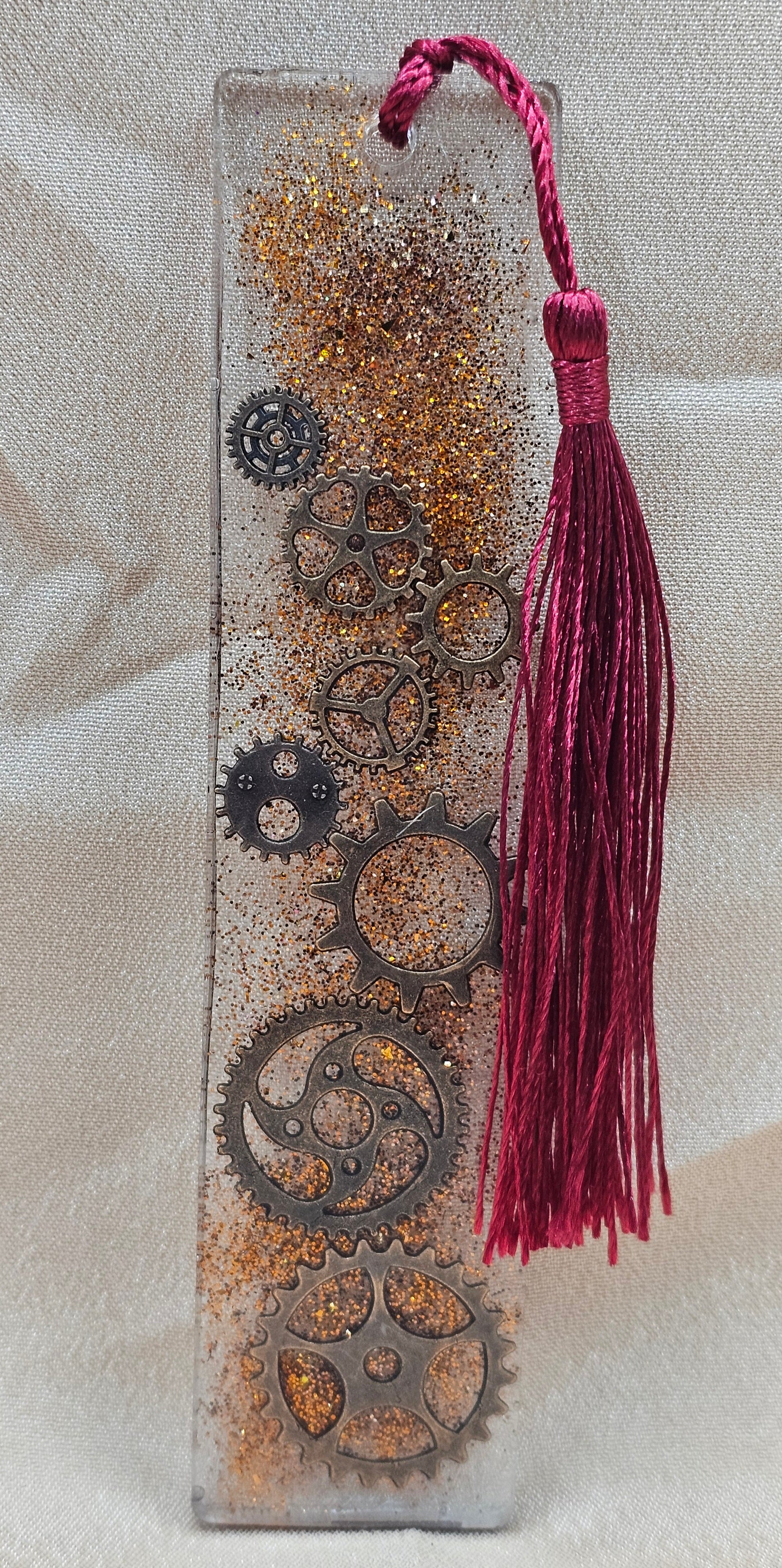Steampunk Gear Resin Bookmark | Vintage Metal Cogs & Gold Glitter in Clear Resin | Burgundy Tassel | Gothic Industrial Gift Australia