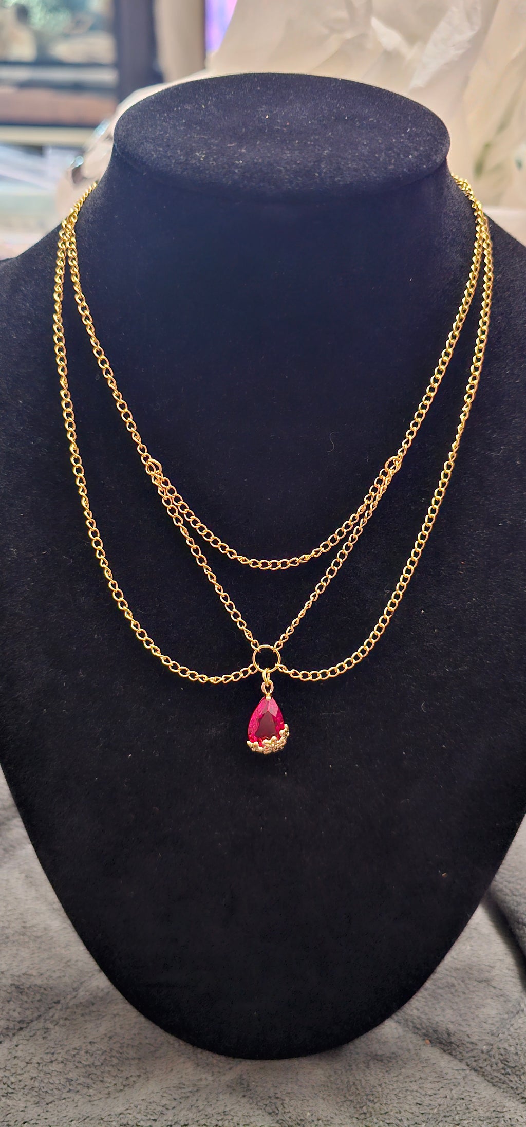 Handmade red teardrop layered necklace with gold triple chain, dark romantic jewellery Australia