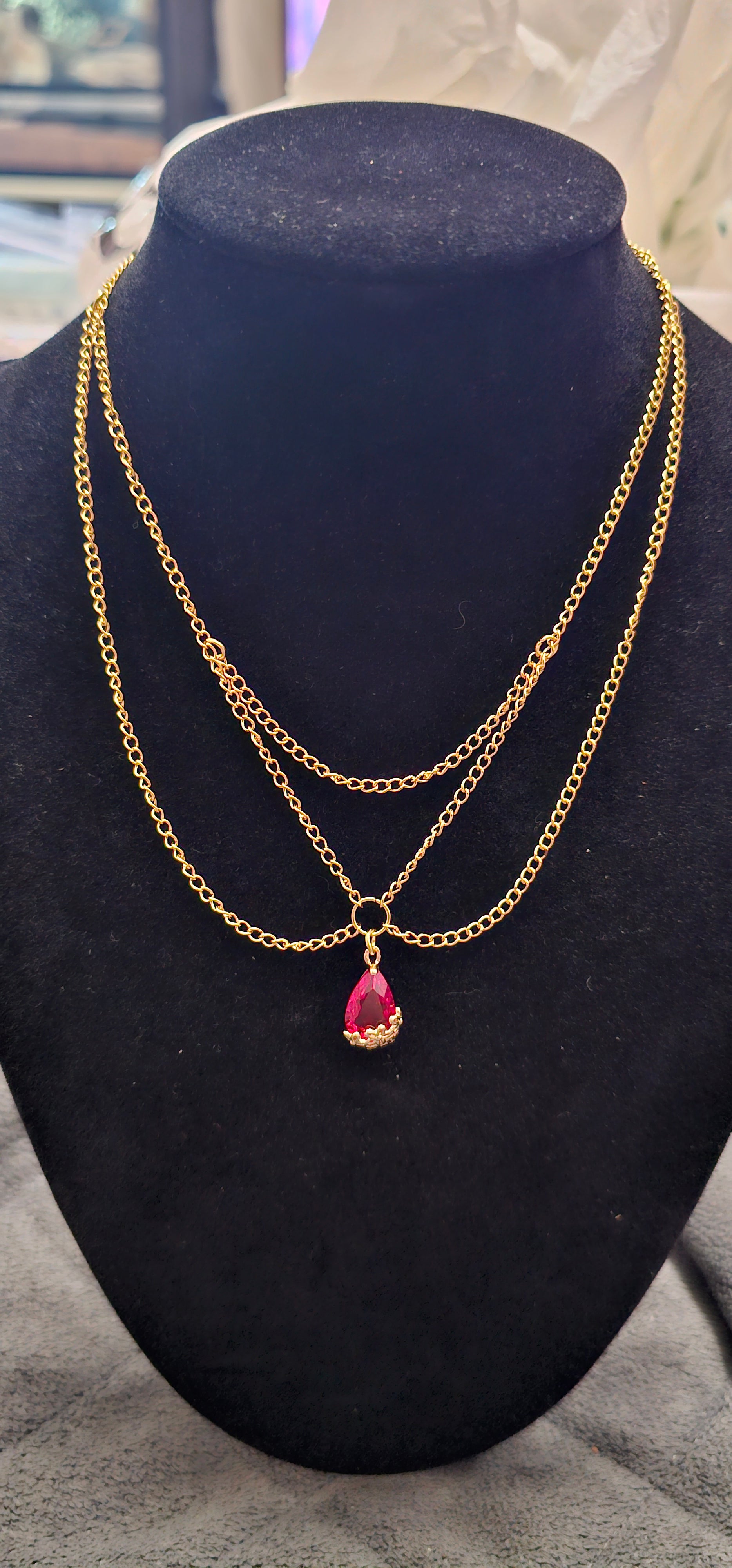 Handmade red teardrop layered necklace with gold triple chain, dark romantic jewellery Australia