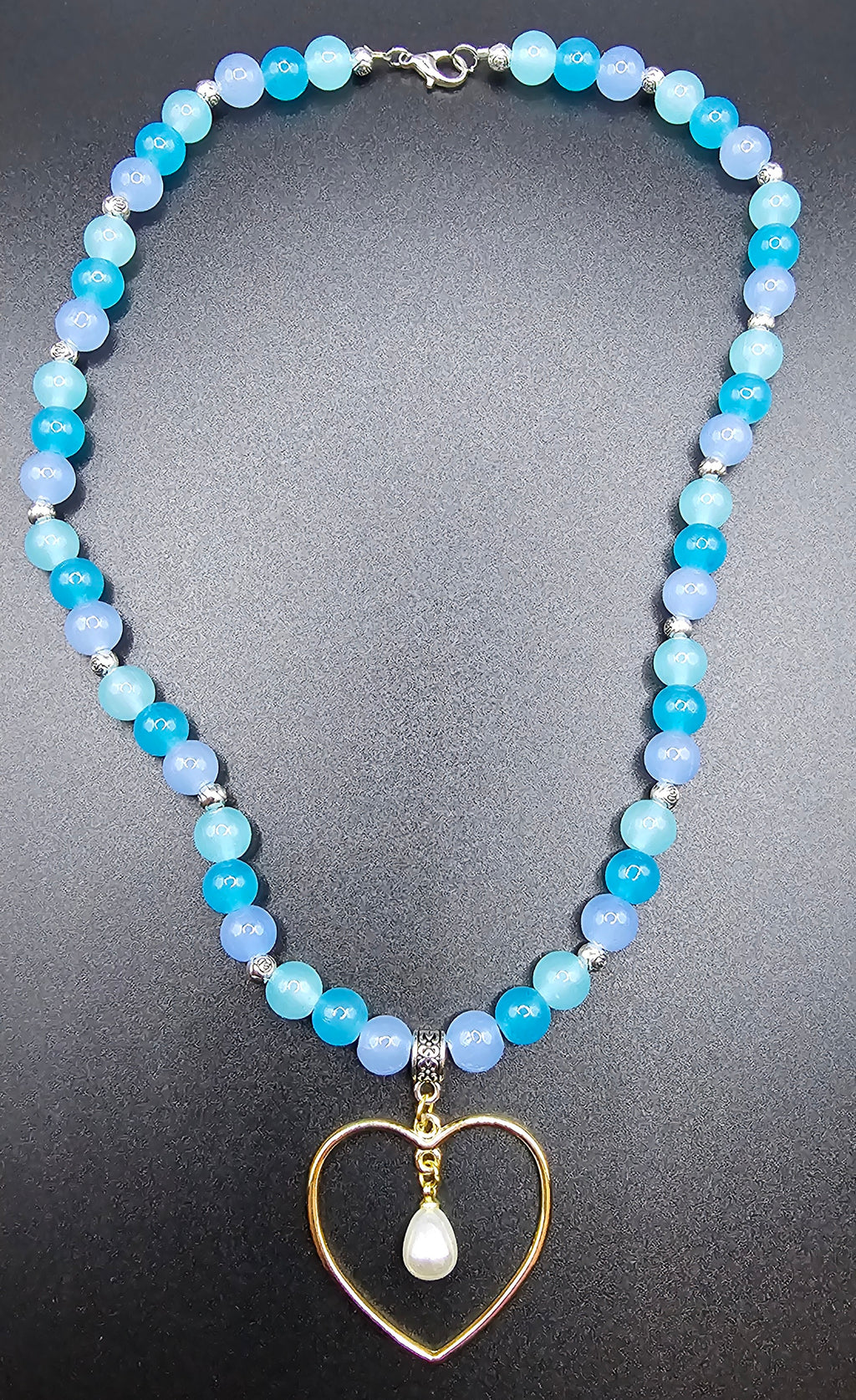 Handmade blue beaded angelcore necklace with gold heart and pearl pendant, jewellery Australia