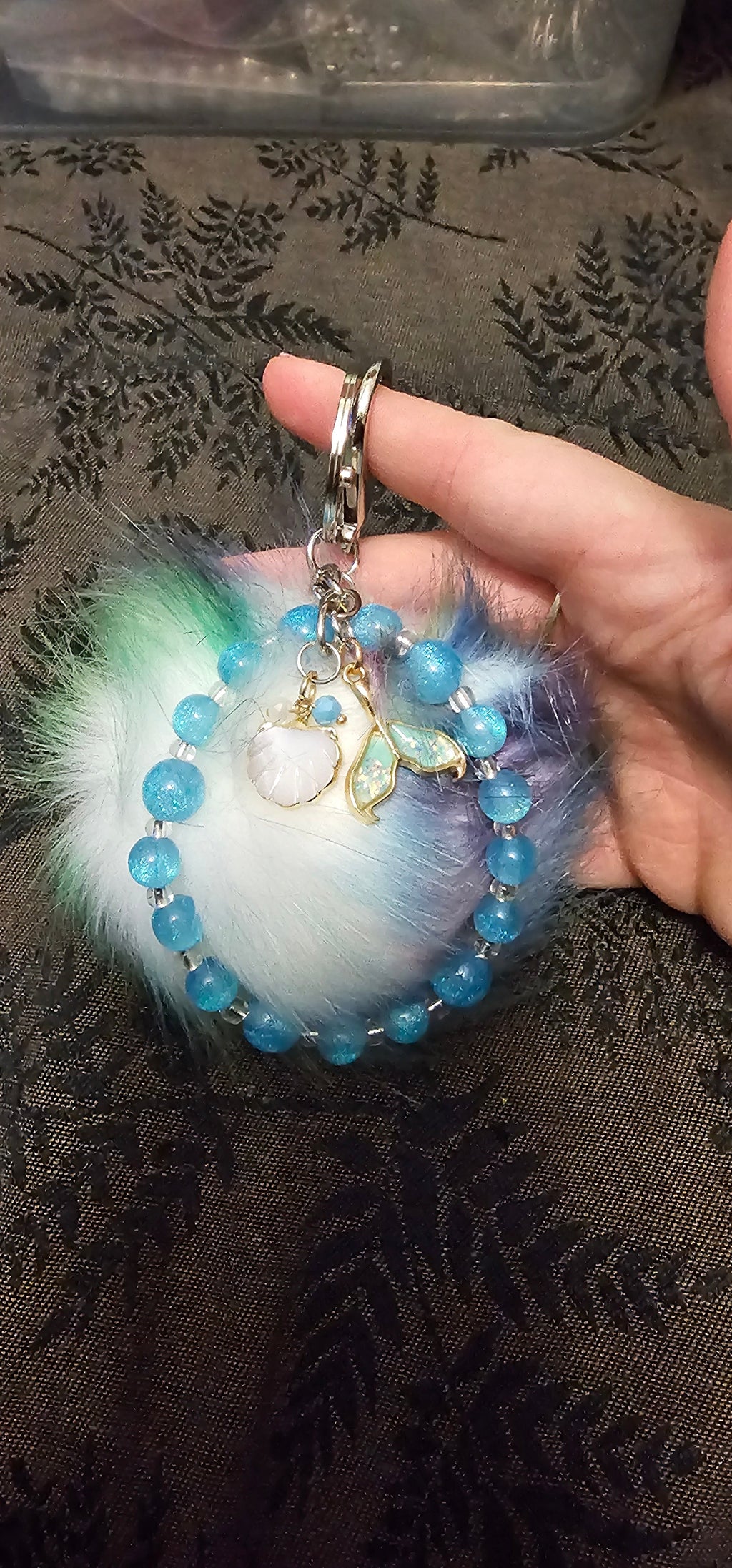 Mermaid Pom Pom Keychain | Blue Crackle Beads & Mermaid Tail Charm | Handmade Fairycore Accessory